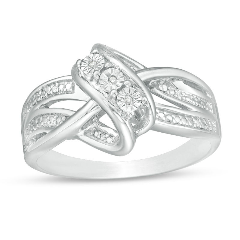 Diamond Accent Bead Three Stone Slant Swirling Triple Row Split Shank Ring in Sterling Silver