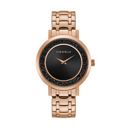Ladies' Caravelle by Bulova Crystal Accent Rose-Tone Watch with Black Dial (Model: 44L252)