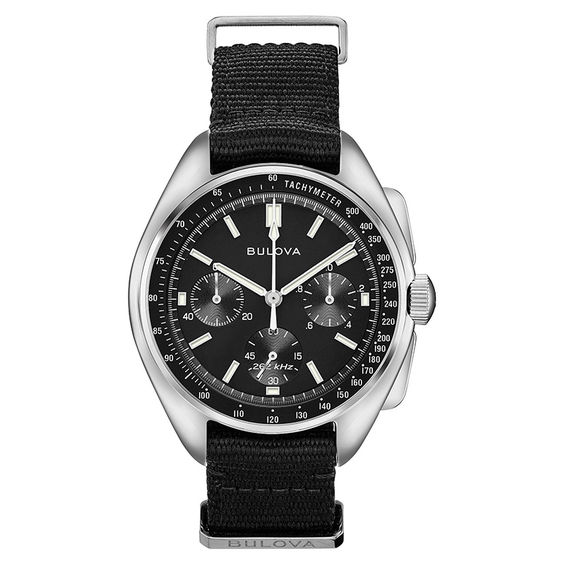 Men's Special Edition Bulova Lunar Pilot Archive Series Strap Chronograph Watch with Black Dial (Model: 96A225)
