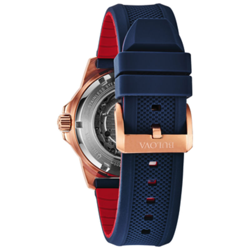 Main Image 2 of Men's Bulova Marine Star Automatic Rose-Tone Strap Watch with Blue Skeleton Dial (Model: 98A227)