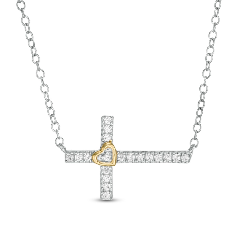 Main Image 1 of 1/6 CT. T.W. Diamond Sideways Cross Necklace in Sterling Silver and 10K Gold