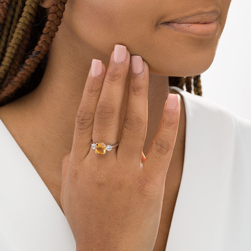 Main Image 2 of 8.0mm Cushion-Cut Citrine and 4.0mm Lab-Created White Sapphire Three Stone Ring in Sterling Silver