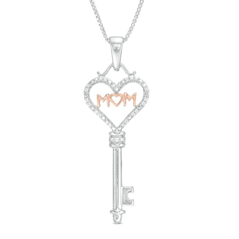 Main Image 1 of 1/20 CT. T.W. Diamond "MOM" Heart-Top Key Pendant in Sterling Silver and 10K Rose Gold