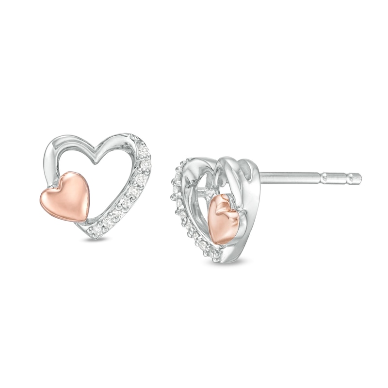 Main Image 1 of 1/20 CT. T.W. Diamond Double Heart Stud Earrings in Sterling Silver and 10K Rose Gold