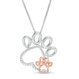 Diamond Accent Tilted Double Paw Print Outline Pendant in Sterling Silver and 10K Rose Gold