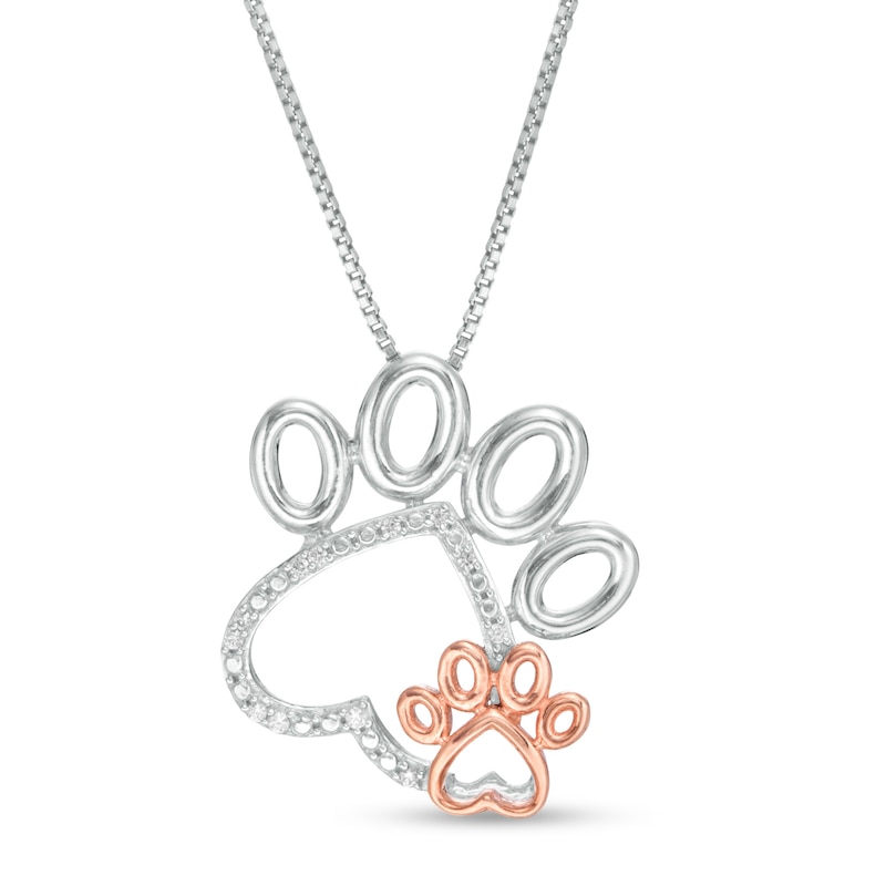 Main Image 1 of Diamond Accent Tilted Double Paw Print Outline Pendant in Sterling Silver and 10K Rose Gold