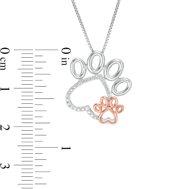 Diamond Accent Tilted Double Paw Print Outline Pendant in Sterling Silver and 10K Rose Gold