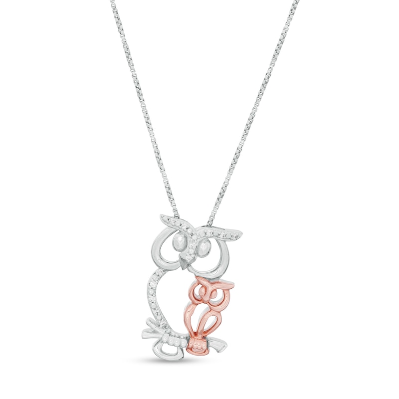 Diamond Accent Mother and Baby Owl Pendant in Sterling Silver and 10K Rose Gold