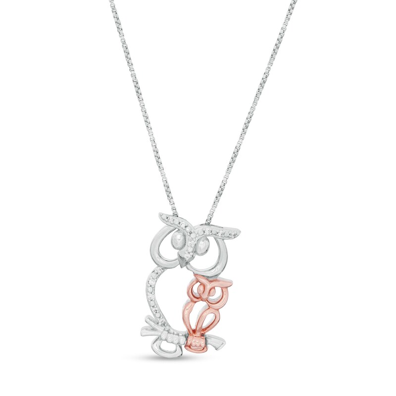 Diamond Accent Mother and Baby Owl Pendant in Sterling Silver and 10K Rose Gold