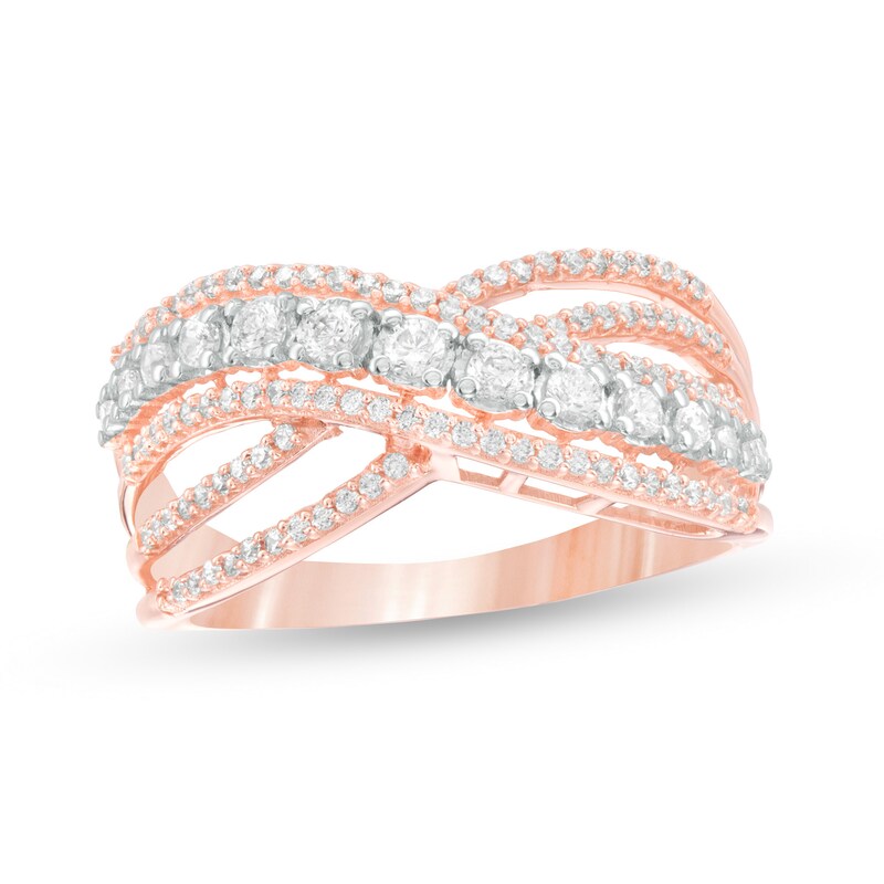 Main Image 1 of 1/2 CT. T.W. Diamond Multi-Row Crossover Ring in 10K Rose Gold