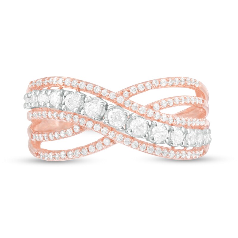 Main Image 3 of 1/2 CT. T.W. Diamond Multi-Row Crossover Ring in 10K Rose Gold