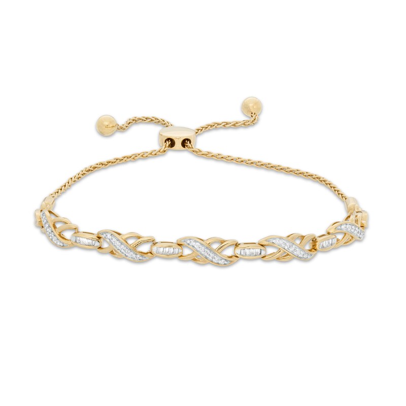 Main Image 1 of 1/4 CT. T.W. Baguette and Round Diamond Double Infinity Bolo Bracelet in 10K Gold - 9.5"