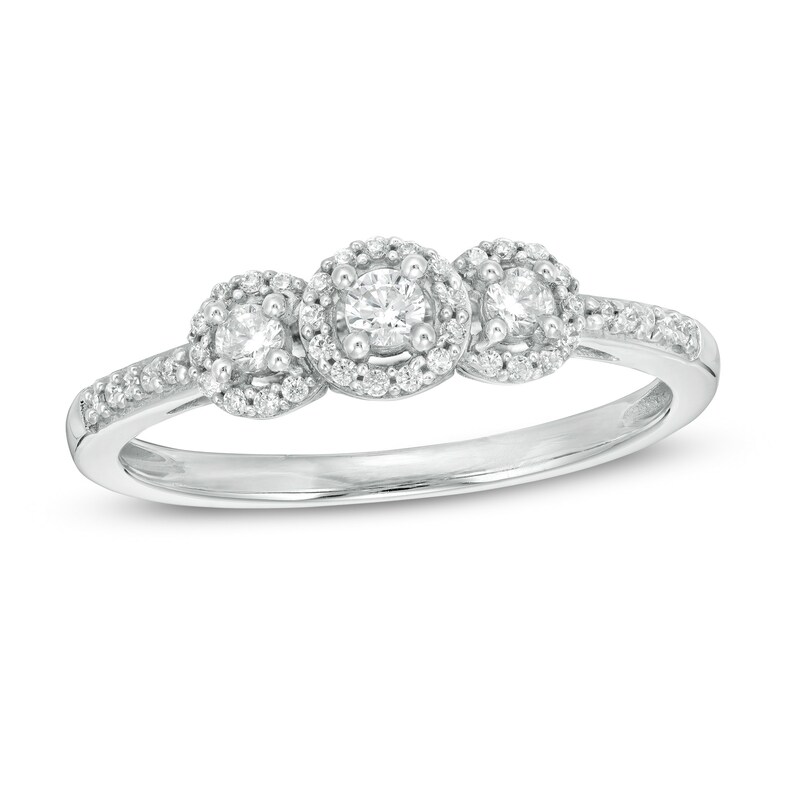 Main Image 1 of 1/4 CT. T.W. Diamond Frame Three Stone Promise Ring in 10K White Gold
