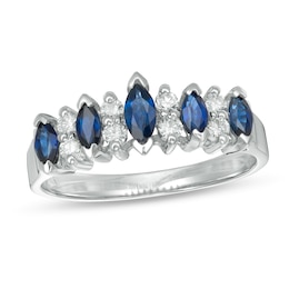 EFFY™ Collection Marquise Blue Sapphire and 1/5 CT. T.W. Diamond Five Stone Ring in 14K White Gold
