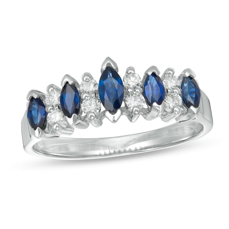 Main Image 1 of EFFY™ Collection Marquise Blue Sapphire and 1/5 CT. T.W. Diamond Five Stone Ring in 14K White Gold