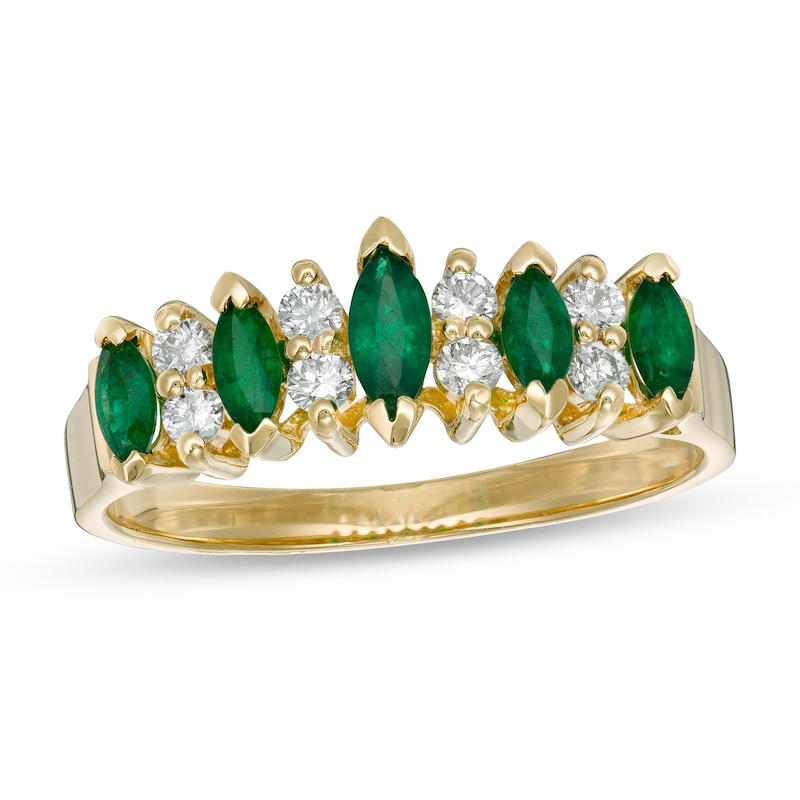 Main Image 1 of EFFY™ Collection Marquise Emerald and 1/5 CT. T.W. Diamond Five Stone Ring in 14K Gold