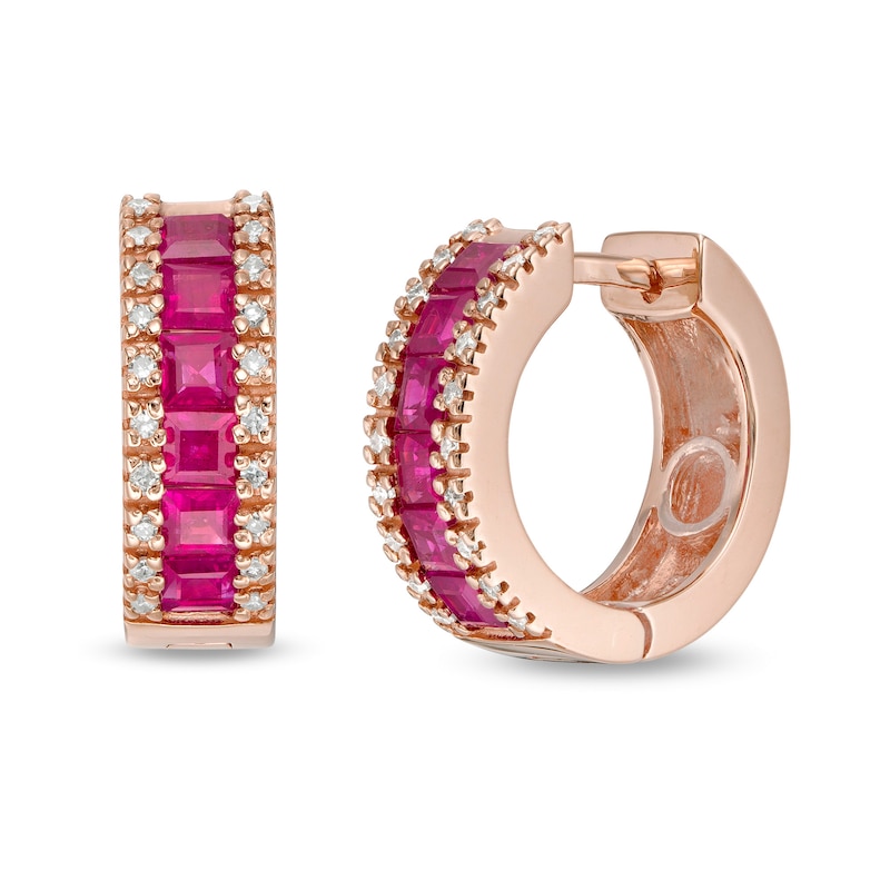Main Image 1 of EFFY™ Collection Princess-Cut Ruby and 1/6 CT. T.W. Diamond Rows Huggie Hoop Earrings in 14K Rose Gold