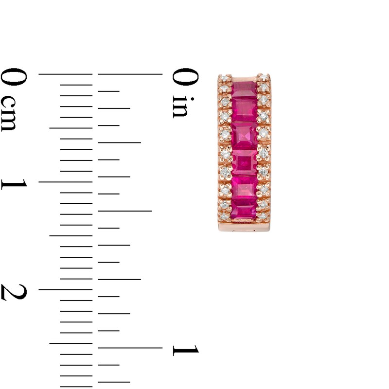 Main Image 2 of EFFY™ Collection Princess-Cut Ruby and 1/6 CT. T.W. Diamond Rows Huggie Hoop Earrings in 14K Rose Gold