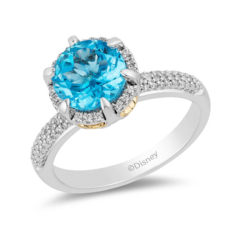 Enchanted Disney Aladdin 8.0mm Swiss Blue Topaz and 1/5 CT. T.W. Diamond Frame Ring in Sterling Silver and 10K Gold