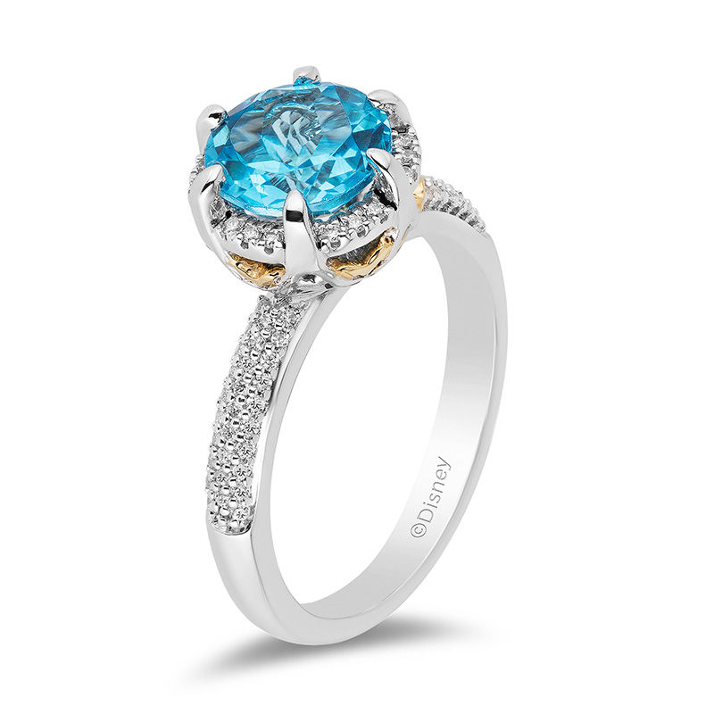 Enchanted Disney Aladdin 8.0mm Swiss Blue Topaz and 1/5 CT. T.W. Diamond Frame Ring in Sterling Silver and 10K Gold