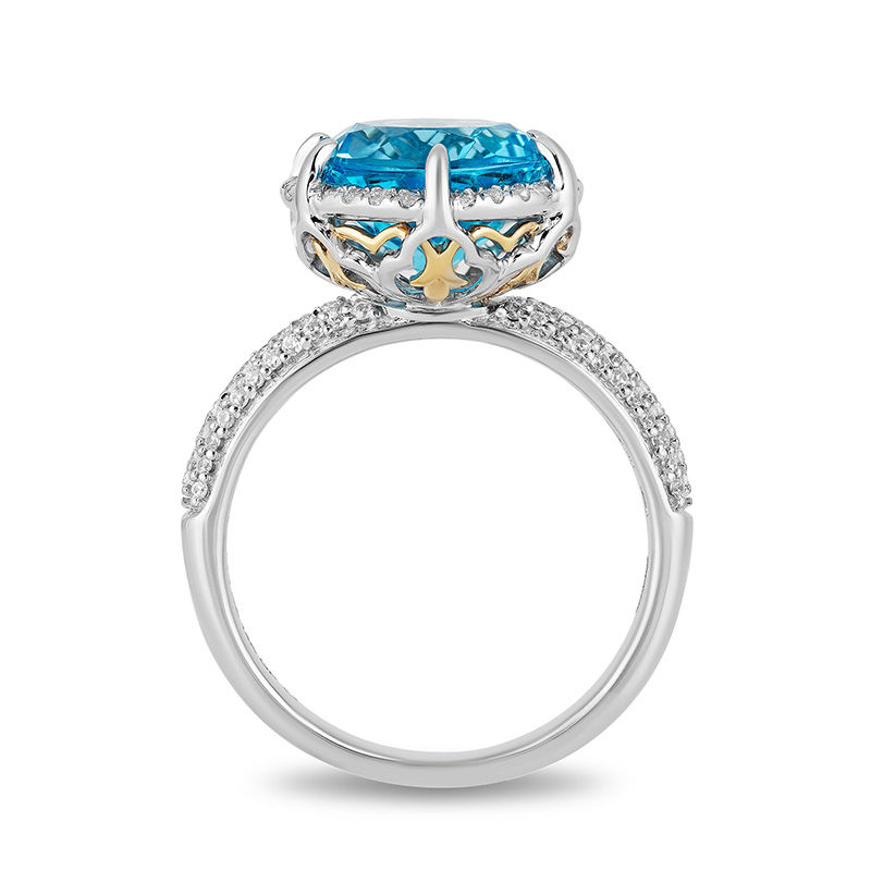 Enchanted Disney Aladdin 10.0mm Swiss Blue Topaz and 1 3 CT. T.W. Diamond Frame Ring in Sterling Silver and 10K Gold Zales Outlet