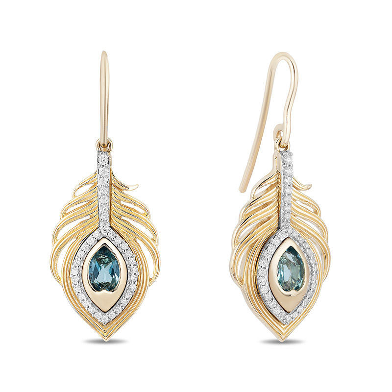 Enchanted Disney Jasmine Oval Swiss Blue Topaz and 1/5 CT. T.W. Diamond Palm Drop Earrings in 10K Gold