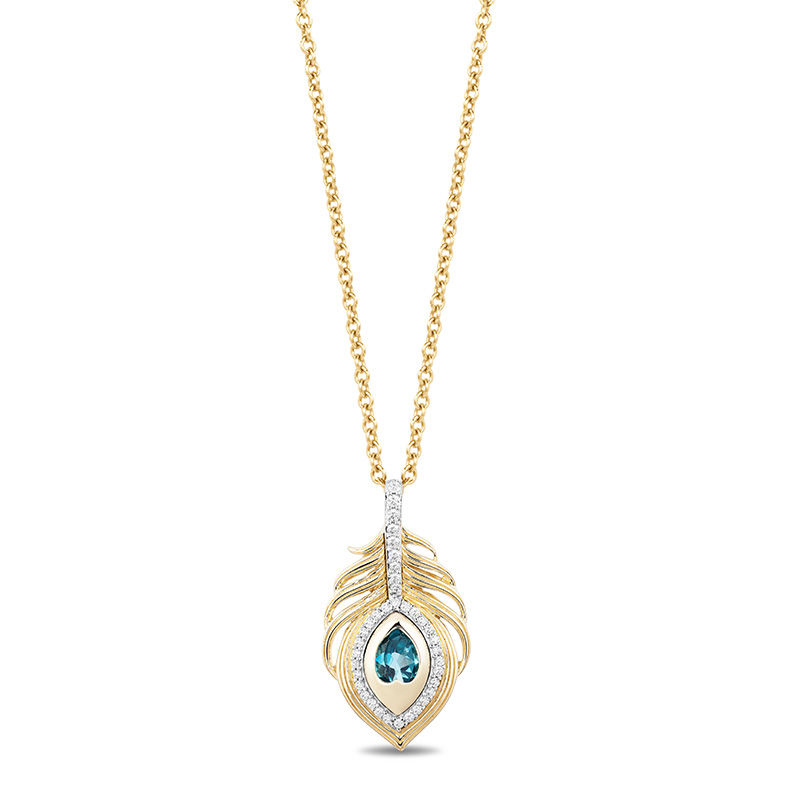 Main Image 1 of Enchanted Disney Jasmine Oval Swiss Blue Topaz and 1/6 CT. T.W. Diamond Palm Drop Pendant in 10K Gold - 19"