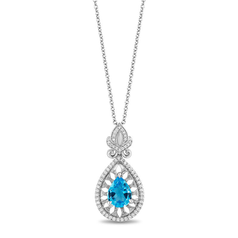 Main Image 1 of Enchanted Disney Aladdin Pear-Shaped Swiss Blue Topaz and 1/5 CT. T.W. Diamond Frame Drop Pendant in Sterling Silver