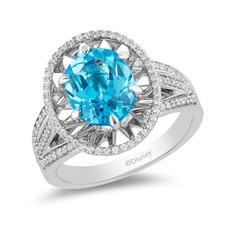 Enchanted Disney Aladdin Oval Swiss Blue Topaz and 1/4 CT. T.W. Diamond Frame Split Shank Ring in Sterling Silver