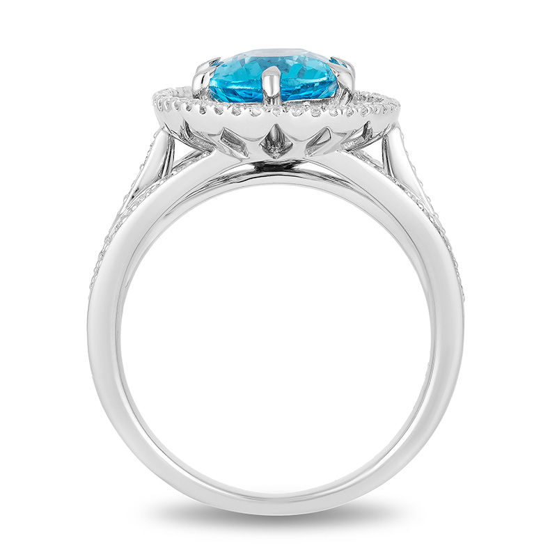 Enchanted Disney Aladdin Oval Swiss Blue Topaz and 1/4 CT. T.W. Diamond Frame Split Shank Ring in Sterling Silver