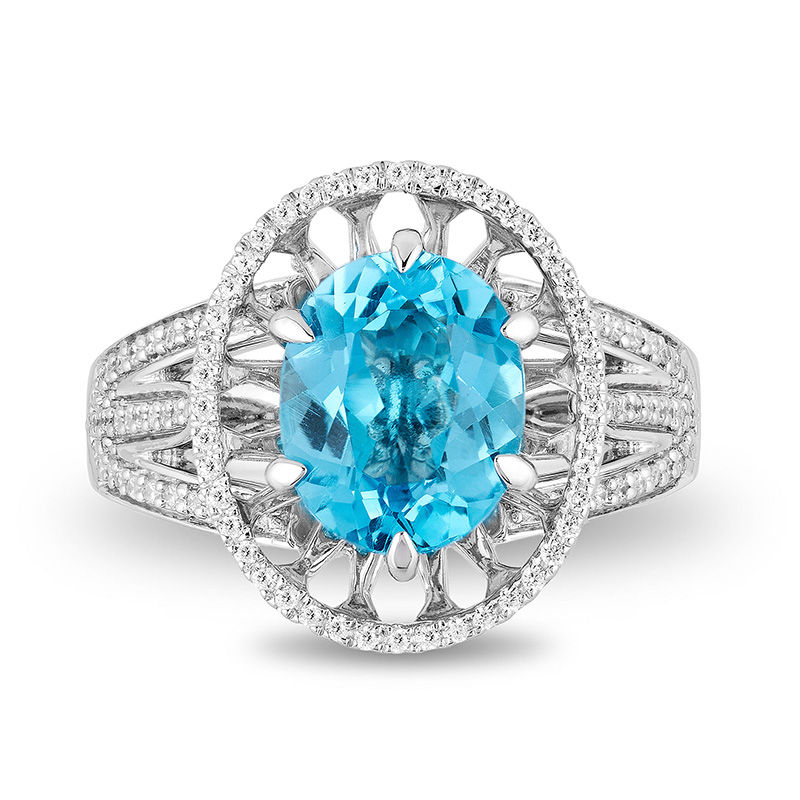 Enchanted Disney Aladdin Oval Swiss Blue Topaz and 1/4 CT. T.W. Diamond Frame Split Shank Ring in Sterling Silver