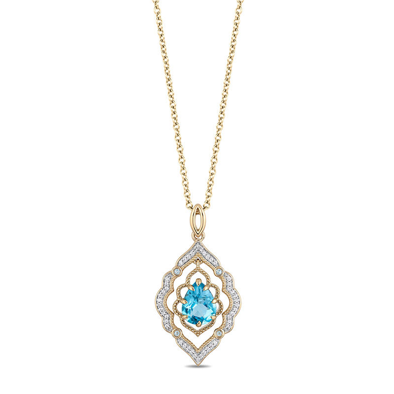 Enchanted Disney Aladdin Pear-Shaped Swiss Blue Topaz and 1/15 CT. T.W. Diamond Arabesque Frame Pendant in 10K Gold