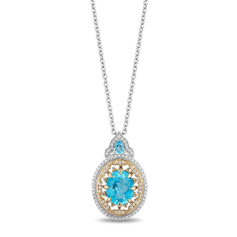 Main Image 1 of Enchanted Disney Aladdin Oval Swiss Blue Topaz and 1/5 CT. T.W. Diamond Frame Pendant in 10K Two-Tone Gold - 19"