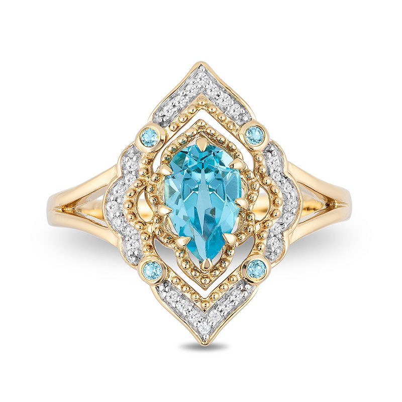 Main Image 2 of Enchanted Disney Aladdin Pear-Shaped Swiss Blue Topaz and 1/10 CT. T.W. Diamond Arabesque Frame Ring in 10K Gold