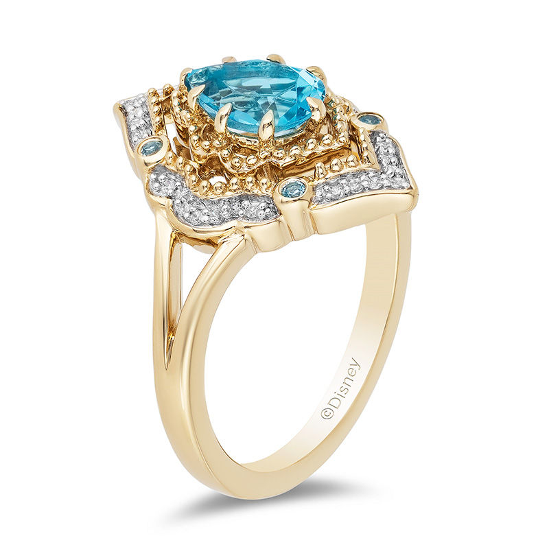 Enchanted Disney Aladdin Pear-Shaped Swiss Blue Topaz and 1/10 CT. T.W. Diamond Arabesque Frame Ring in 10K Gold