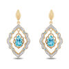 Thumbnail Image 1 of Enchanted Disney Aladdin Pear-Shaped Swiss Blue Topaz and 1/6 CT. T.W. Diamond Arabesque Frame Earrings in 10K Gold