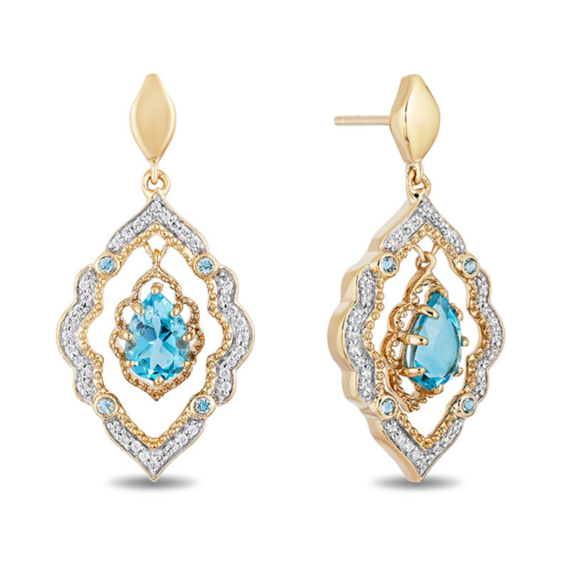 Main Image 2 of Enchanted Disney Aladdin Pear-Shaped Swiss Blue Topaz and 1/6 CT. T.W. Diamond Arabesque Frame Earrings in 10K Gold