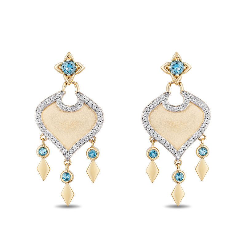 Enchanted Disney Jasmine Swiss Blue Topaz and 1/5 CT. T.W. Diamond Arabesque Drop Earrings in 10K Gold