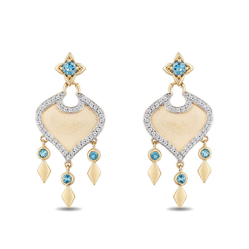 Enchanted Disney Jasmine Swiss Blue Topaz and 1/5 CT. T.W. Diamond Arabesque Drop Earrings in 10K Gold