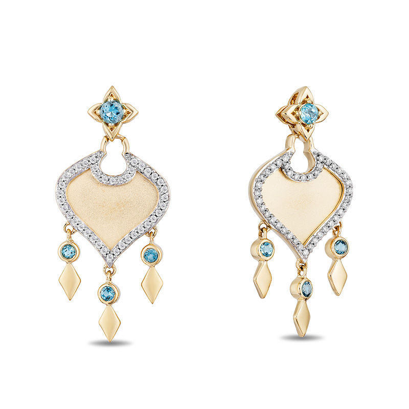 Enchanted Disney Jasmine Swiss Blue Topaz and 1/5 CT. T.W. Diamond Arabesque Drop Earrings in 10K Gold