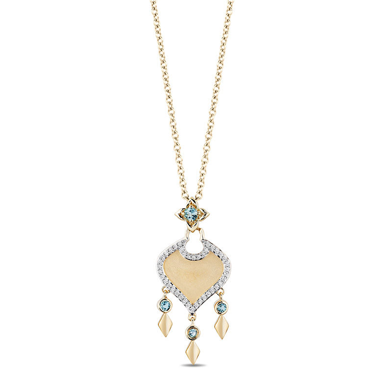 Main Image 1 of Enchanted Disney Jasmine Swiss Blue Topaz and 1/10 CT. T.W. Diamond Arabesque Drop Pendant in 10K Gold - 19"