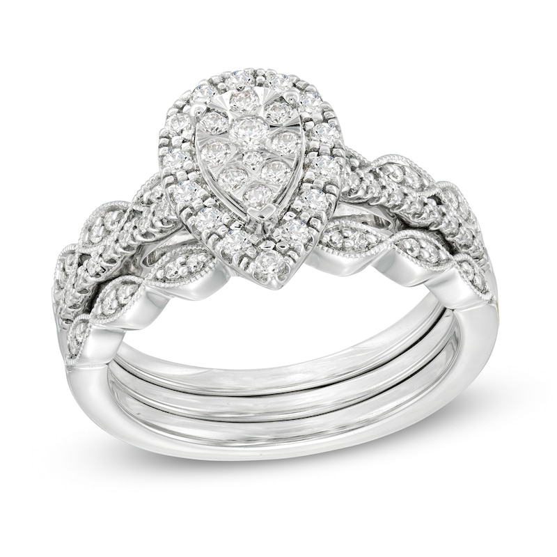 Main Image 1 of 1/2 CT. T.W. Composite Pear-Shaped Diamond Art Deco Three Piece Bridal Set in 10K White Gold