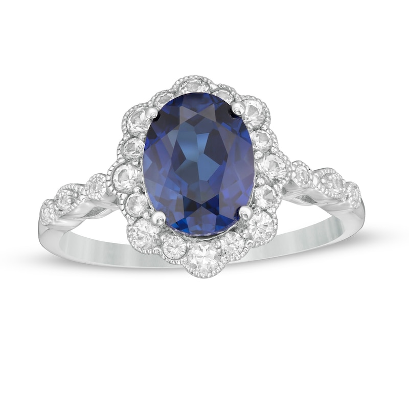 Main Image 1 of Oval Blue and White Lab-Created Sapphire Frame Art Deco Vintage-Style Ring in Sterling Silver