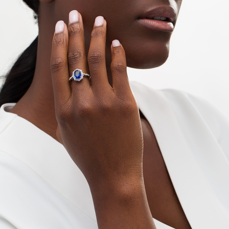 Main Image 2 of Oval Blue and White Lab-Created Sapphire Frame Art Deco Vintage-Style Ring in Sterling Silver