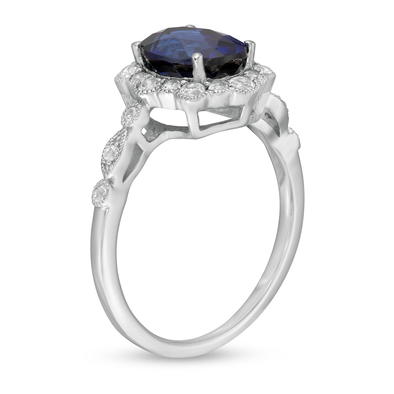 Main Image 3 of Oval Blue and White Lab-Created Sapphire Frame Art Deco Vintage-Style Ring in Sterling Silver
