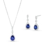 Thumbnail Image 0 of Pear-Shaped Blue and White Lab-Created Sapphire Frame Art Deco Drop Pendant and Drop Earrings Set in Sterling Silver