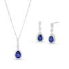 Thumbnail Image 1 of Pear-Shaped Blue and White Lab-Created Sapphire Frame Art Deco Drop Pendant and Drop Earrings Set in Sterling Silver
