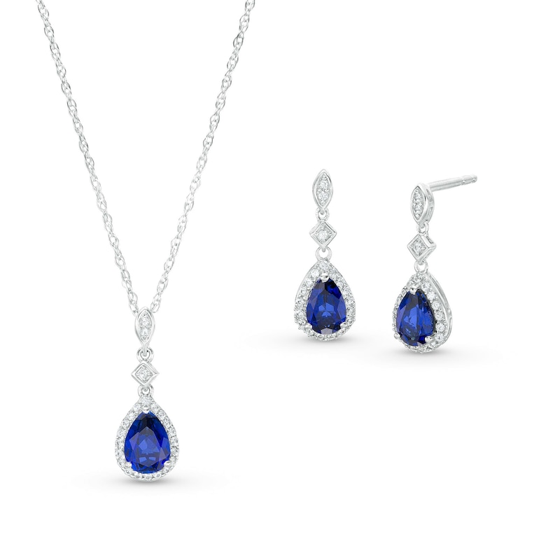 Main Image 1 of Pear-Shaped Blue and White Lab-Created Sapphire Frame Art Deco Drop Pendant and Drop Earrings Set in Sterling Silver