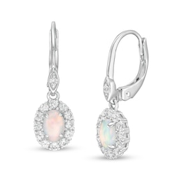 Oval Lab-Created Opal and White Sapphire Frame Drop Earrings in Sterling Silver