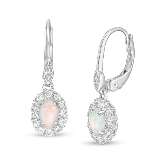 Oval Lab-Created Opal and White Sapphire Frame Drop Earrings in Sterling Silver Oval Lab-Created Opal and White Sapphire Frame Drop Earrings in Sterling Silver